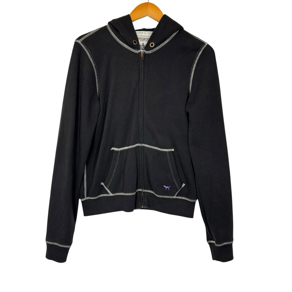 PINK Victoria's Secret Hoodie Womens L Black Full Zip Love Pink Y2K Spell Out